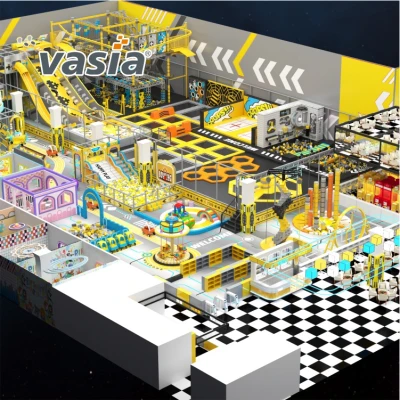 Vasia Play tech‑industrial indoor playground, multi‑level kids soft play equipment with slide