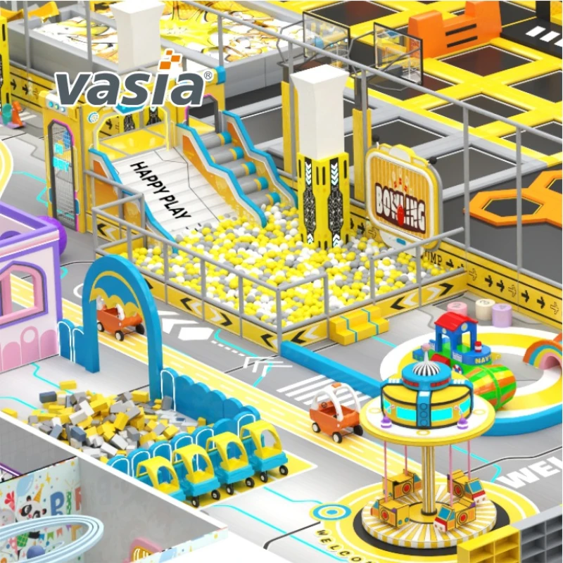 Vasia Play tech‑industrial indoor playground, multi‑level kids soft play equipment with slide