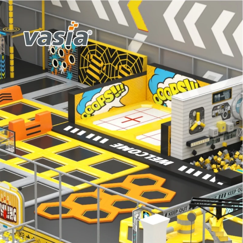 Vasia Play tech‑industrial indoor playground, multi‑level kids soft play equipment with slide