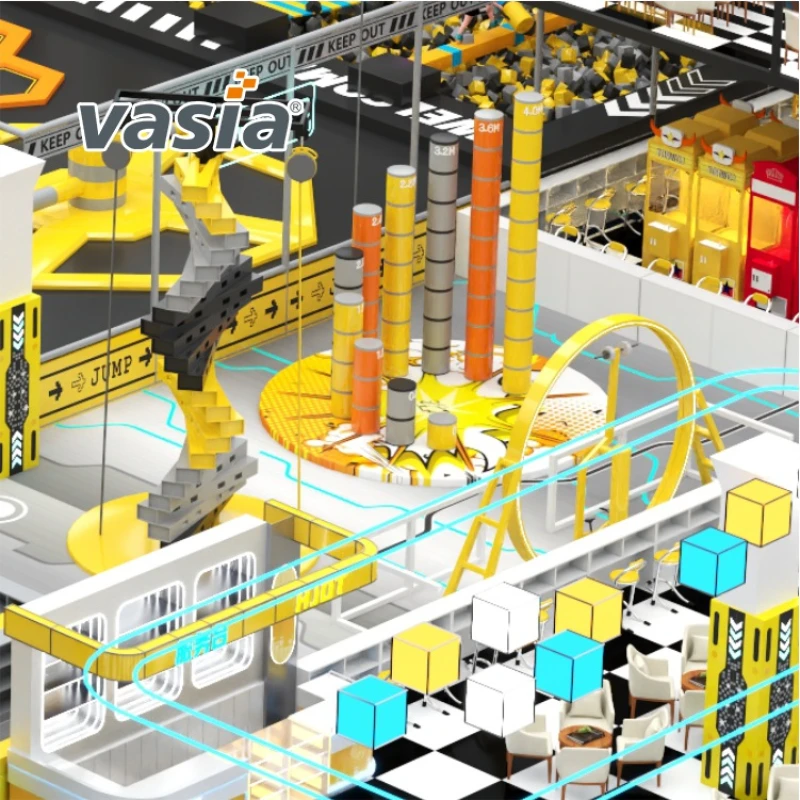 Vasia Play tech‑industrial indoor playground, multi‑level kids soft play equipment with slide