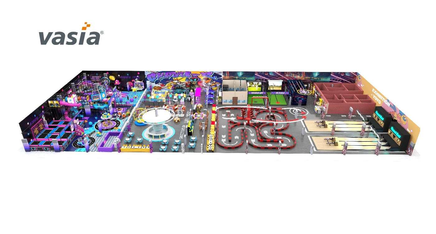 Vasia Play graffiti theme indoor FEC playground with soft play, trampoline, go-kart, arcade
