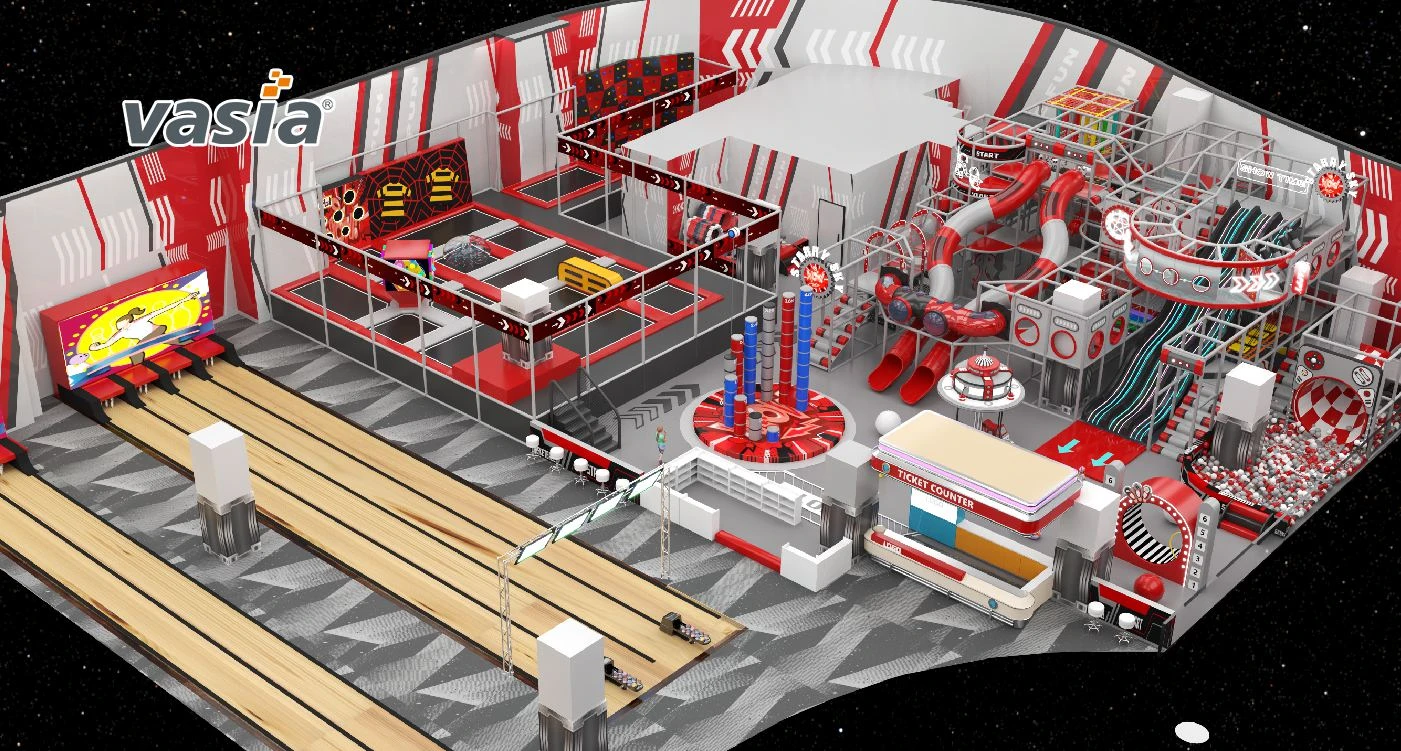 Red tech indoor FEC playground with trampoline, ninja course and tube slides
